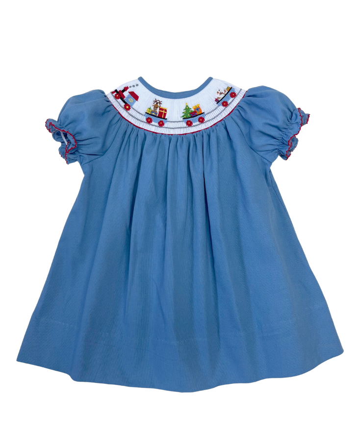 white christmas dresses Blue Pique Smocked Christmas Train Bishop Dress – Southern Style