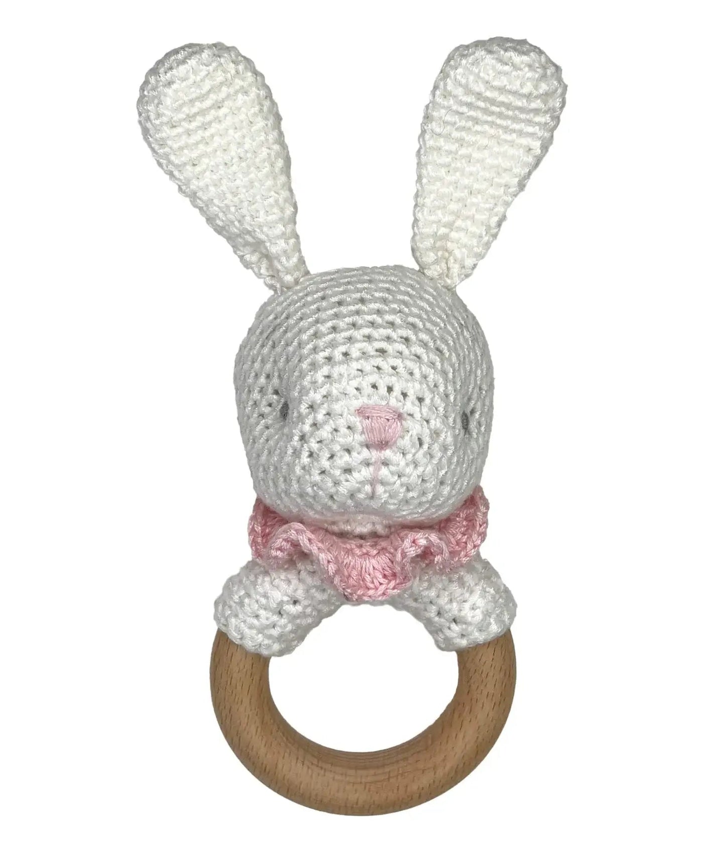 Bunny Bamboo Crochet Wood Ring Rattle in Pink