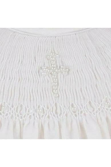 Hand Smocked Christening Pearl Cross Girl Bishop Dress with Bonnet