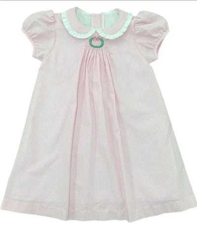 Pink Gingham Wreath Sage Smocked Dress