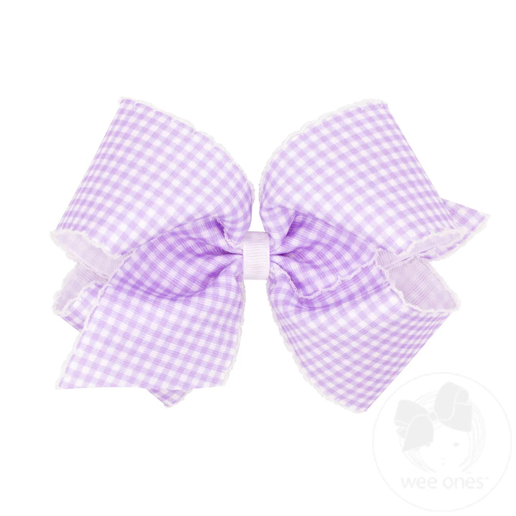 Light Orchid King Gingham-Printed Grosgrain Girls Hair Bow With Moonstitch Edge