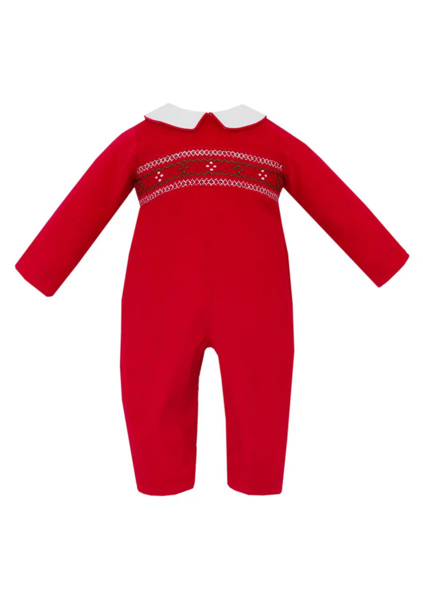 Red Corduroy Smocked Christmas Romper with White Collar
