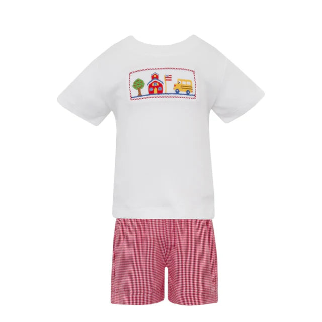 Red Gingham Boy's Short Set with White Knit T-Shirt
