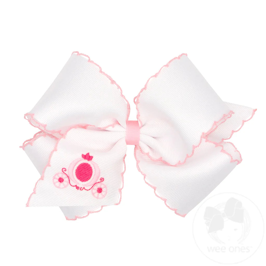 King Grosgrain Hair Bow with Pink Moonstitch Edge and Carriage Embroidery