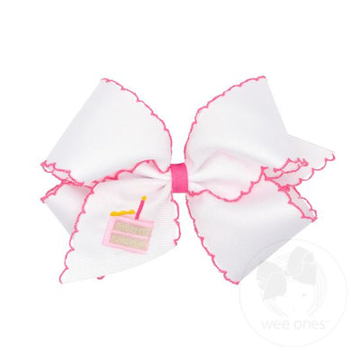 King Grosgrain Hair Bow with Moonstitch Edge and Birthday Girl Embroidery- Cake