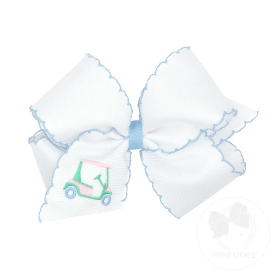King Grosgrain Hair Bow with Moonstitch Edge and Golf Cart Embroidery