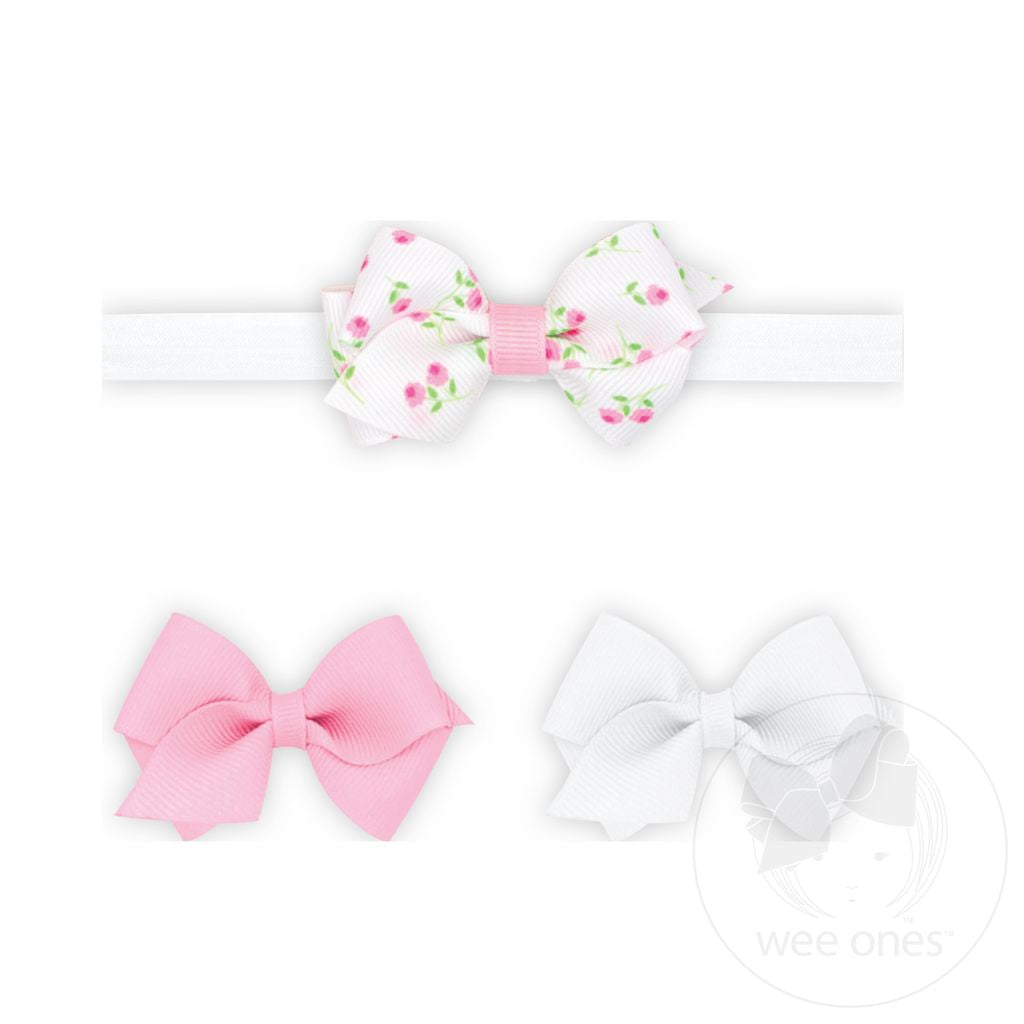 Wee Rose-patterned Print and Two Solid Wee Grosgrain Hair Bows and One Add-A-Bow Band Gift Pack