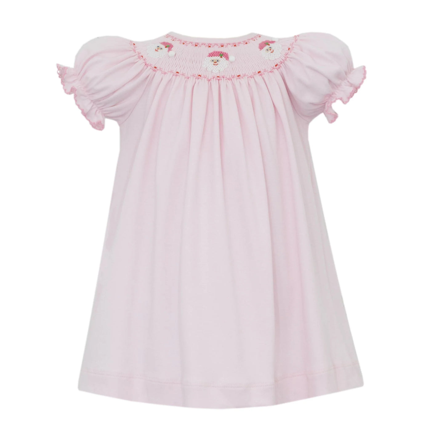 Pink Knit Bishop Dress with Smocked Santa Faces