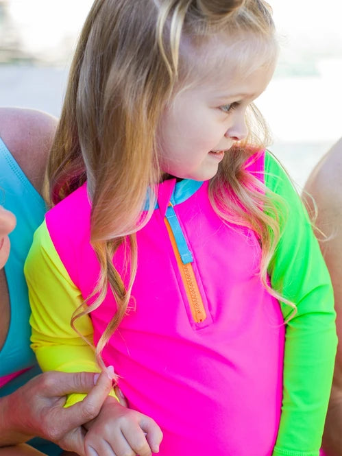 Neon Color Block Long Sleeve Zipper Rash Guard 2-Piece