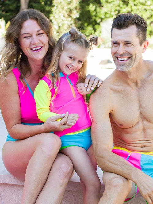Neon Color Block Long Sleeve Zipper Rash Guard 2-Piece