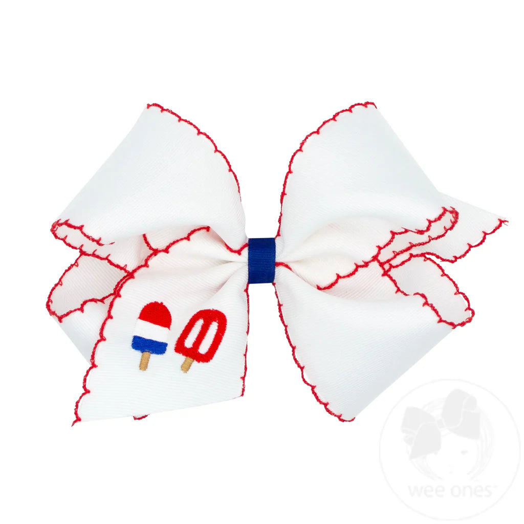 King Grosgrain Hair Bow with Moonstitch Edge and Patriotic Popsicle Embroidery