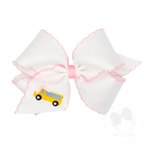 King Grosgrain Hair Bow with Moonstitch Edge and School-themed Embroidery School Bus
