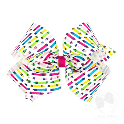 King Back to School Print Grosgrain Hair Bow Crayon
