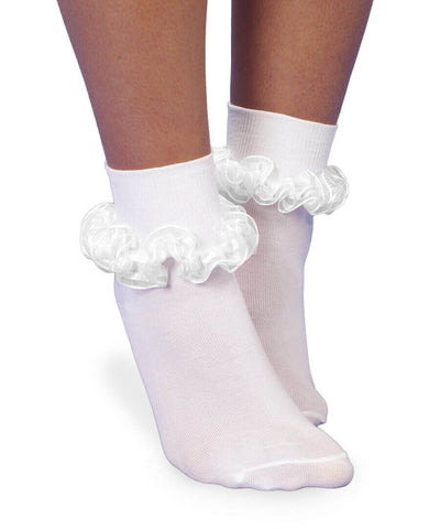 Smooth Toe Sheer Ribbon Tutu Lace Turn Cuff Socks in White