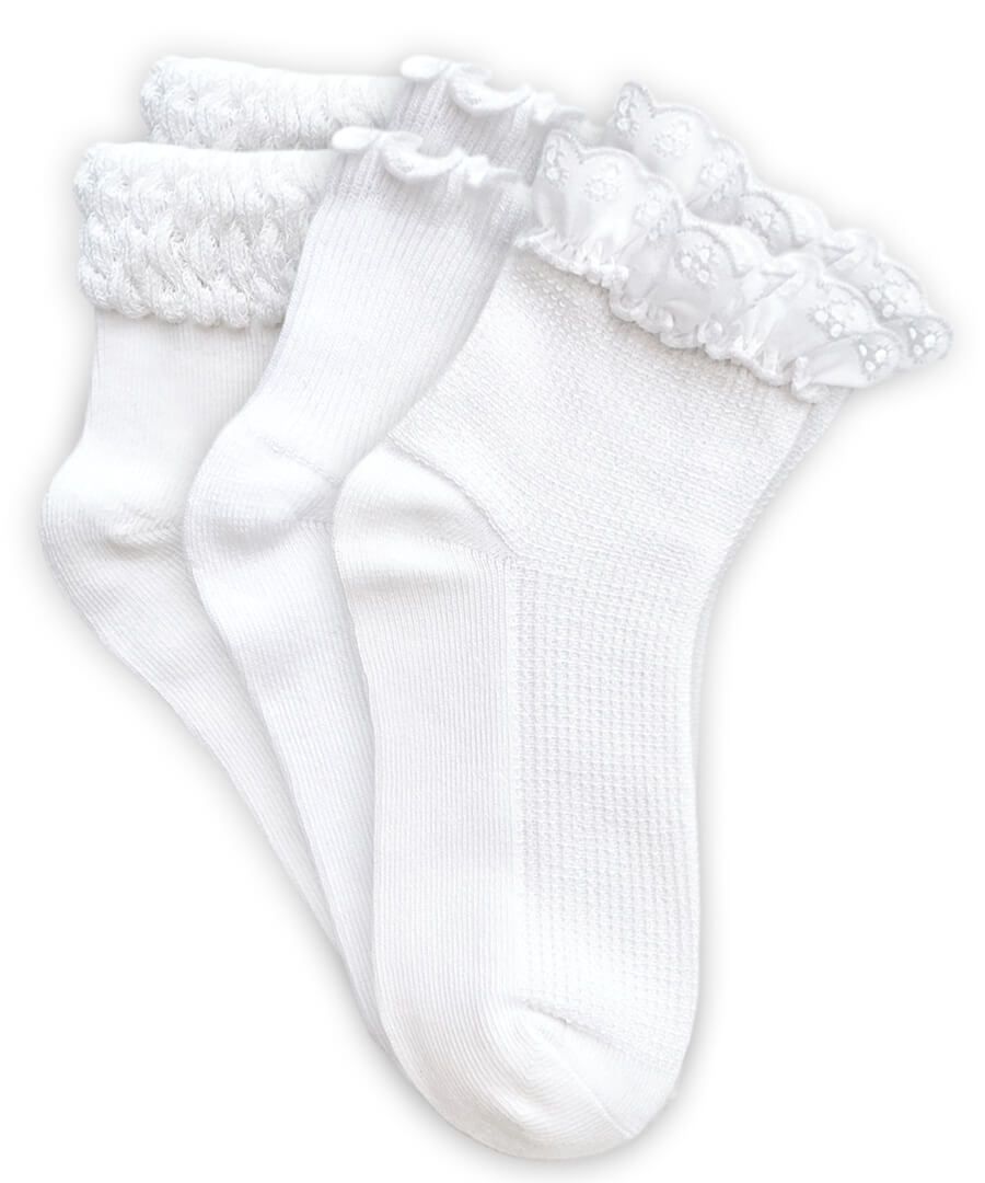 White Smooth Toe Eyelet Lace/Ripple/Bubble Quarter Ankle Socks 3 Pair Pack