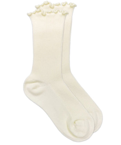 Ivory Seamless Ripple Edge Turn Cuff Crew Socks