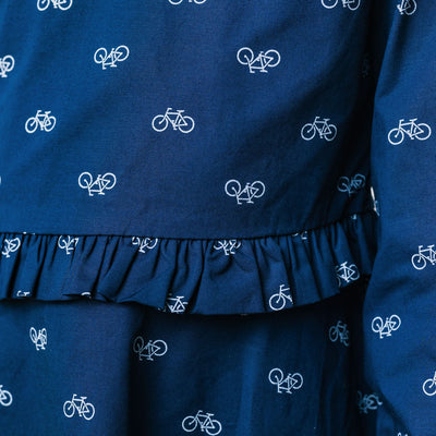 Navy Bicycle Ruffle Waist Dress - Made with Organic Cotton