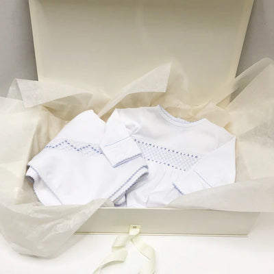 Worth Avenue White with Buckhead Blue Sweetly Smocked Blessing Blanket