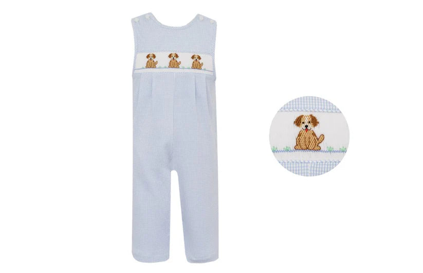 Knit Blue Check Longall - Smocked Puppy Dogs