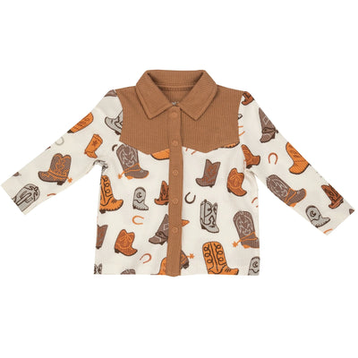 Brown Boots Cowboy Snap Button Down