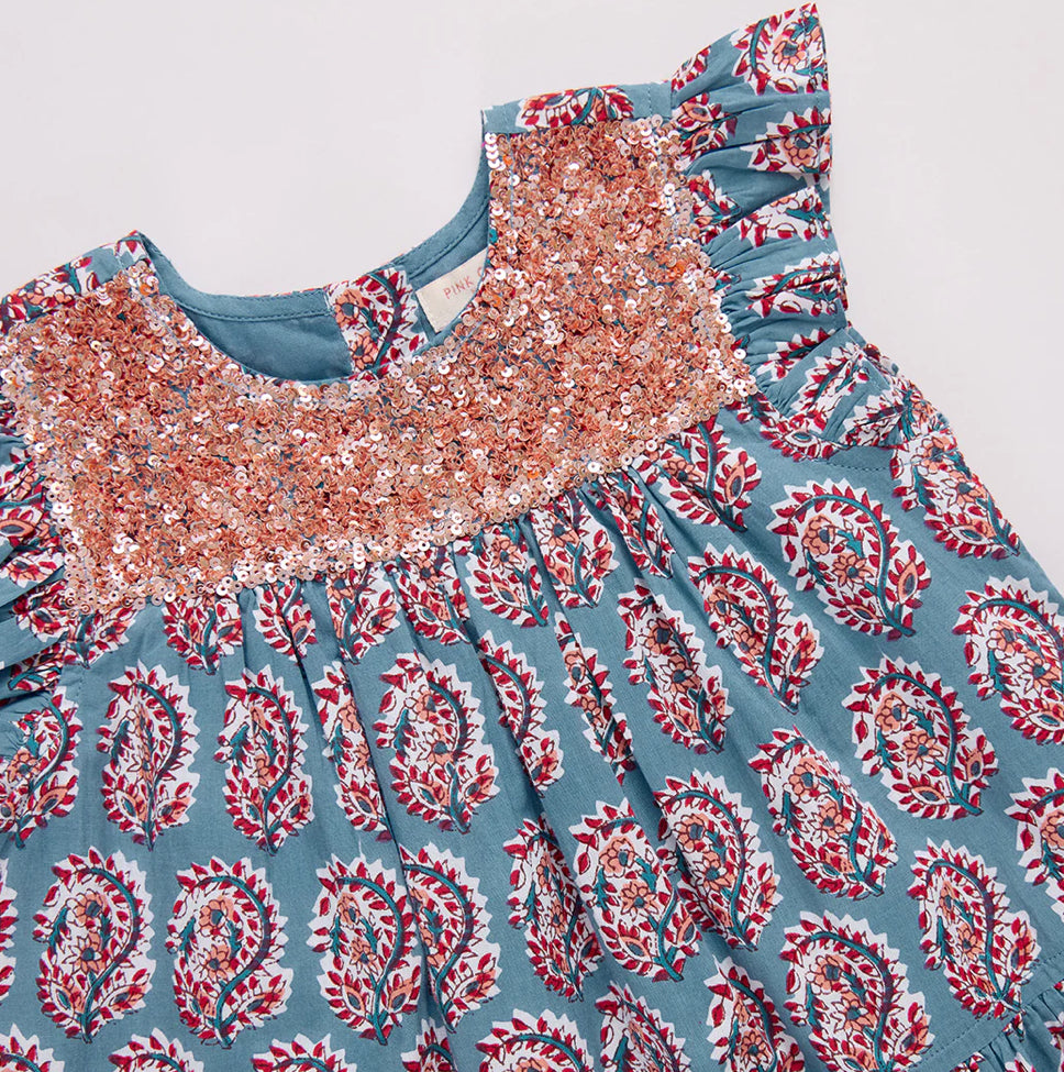 Blue Paisley Fiona Ruffle Dress