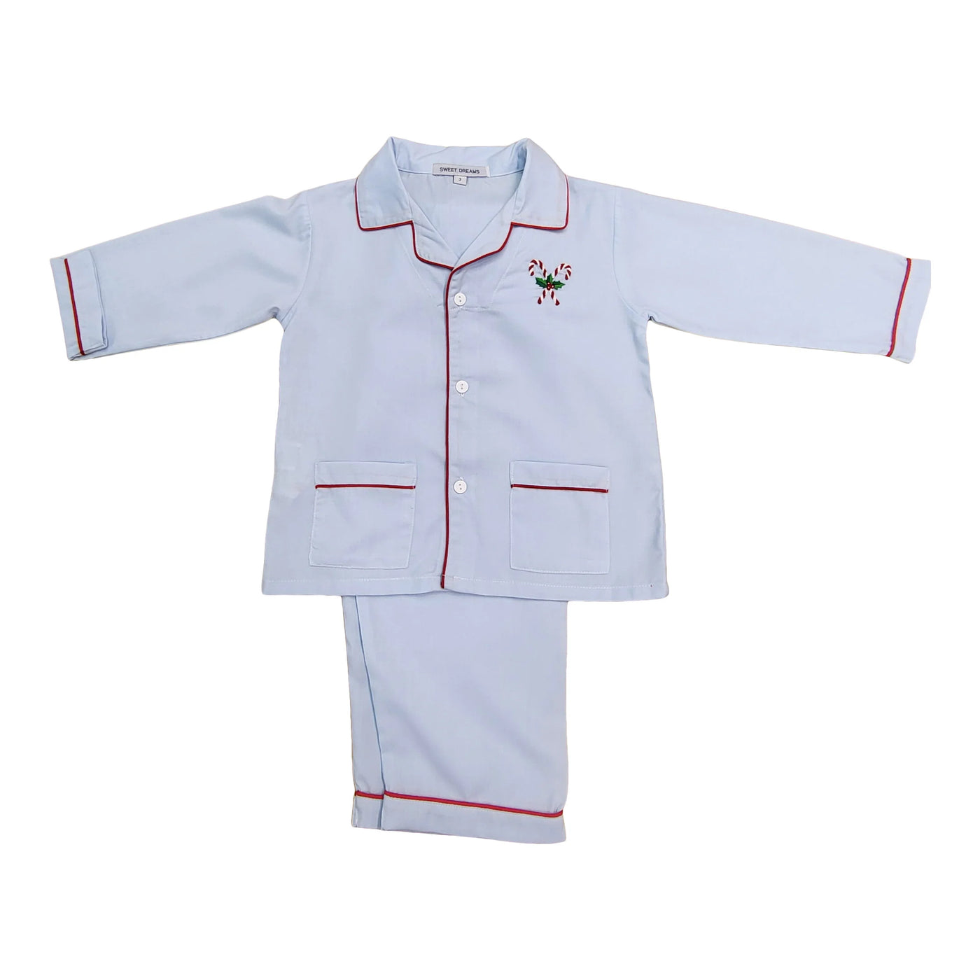 Blue Pajamas with Embroidered Candy Canes