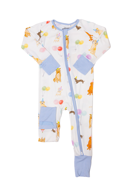 Dog Party Sleep Romper- Blue