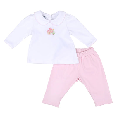 Sweet Gingerbread Embroidered Collared Girl Toddler 2pc Pant Set- Pink