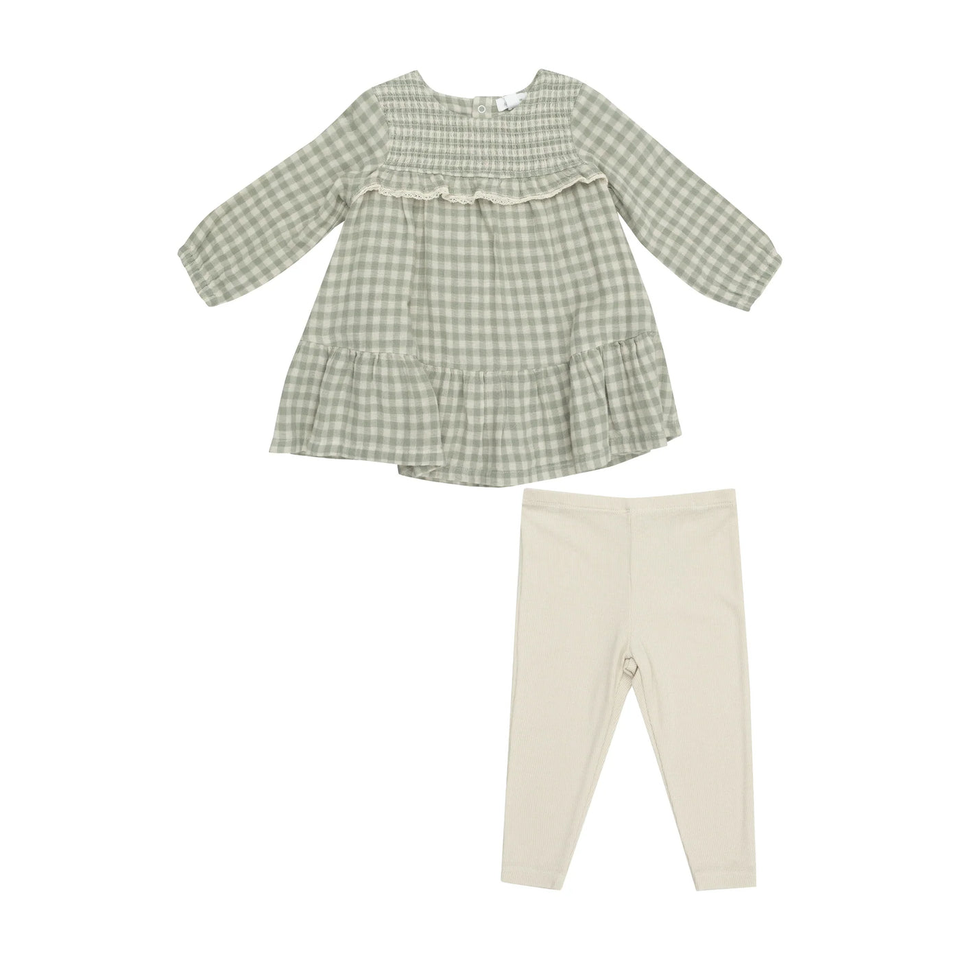 Mini Green Gingham Smocked Dress with Leggings