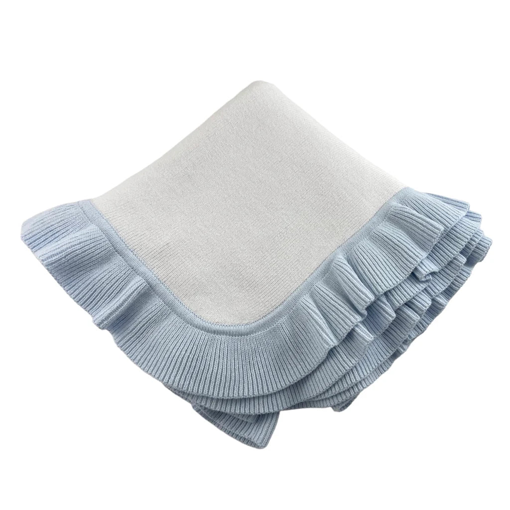 White with Blue Knitted Blanket with Ruffle Edge- 36"x36"