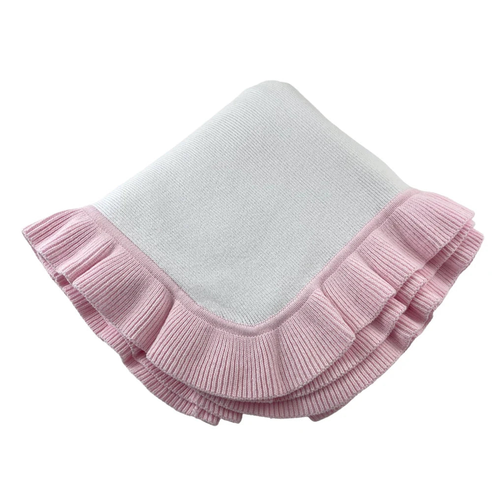 White with Pink Knitted Blanket with Ruffle Edge- 36"x36"