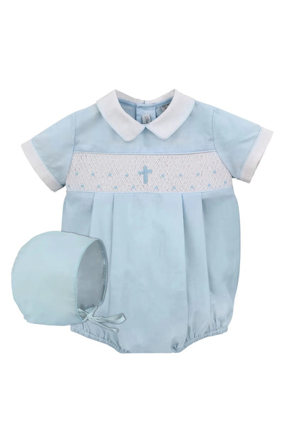 Blue Hand Smocked Cross Baby Boy Bubble Romper with Bonnet