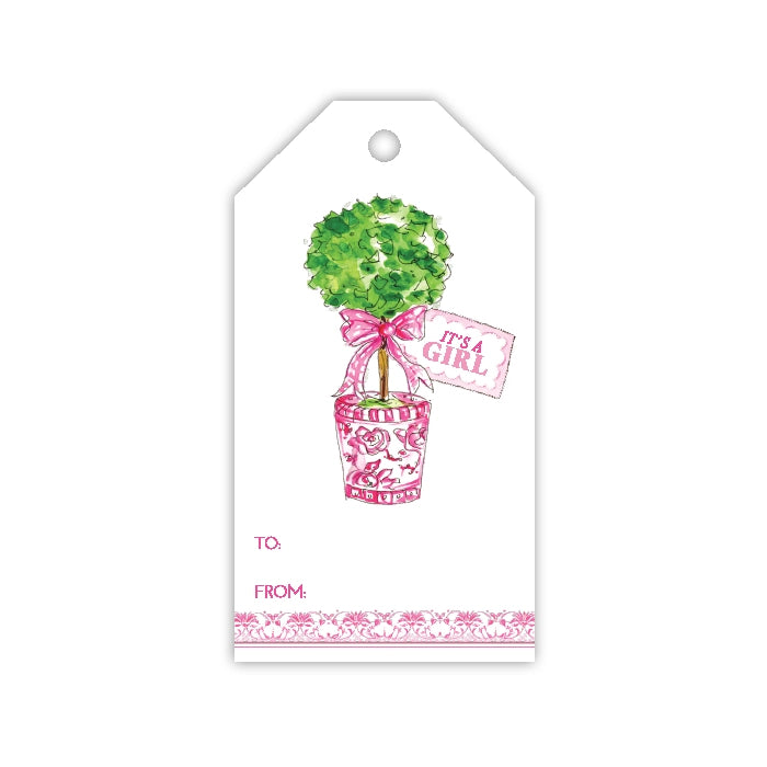 Handpainted Pink It's A Girl Topiaries Gift Tag