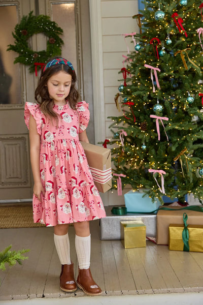 Girls Jennifer Dress - Pink Candy Cane Santa