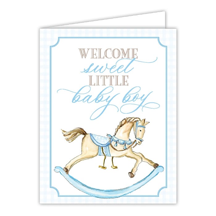 Blue Welcome Sweet Baby Boy Rocking Horse Greeting Card
