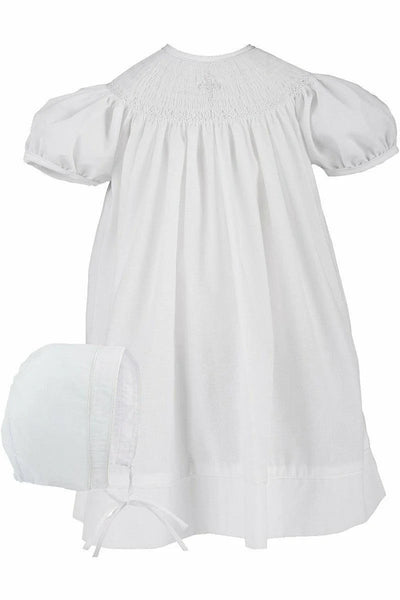 Hand Smocked Christening Pearl Cross Girl Bishop Dress with Bonnet