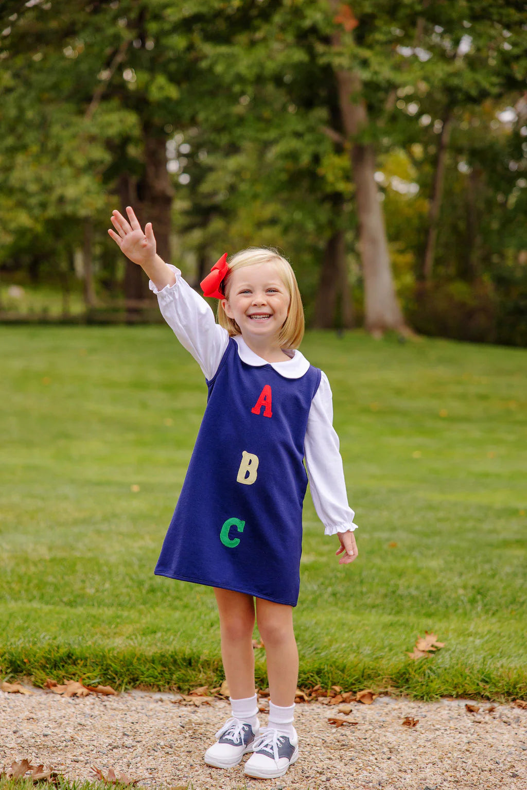 Nantucket Navy With ABC Applique Annie Apron Dress