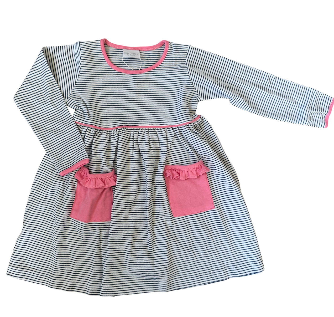 Navy Stripe Dress with Pink Pockets