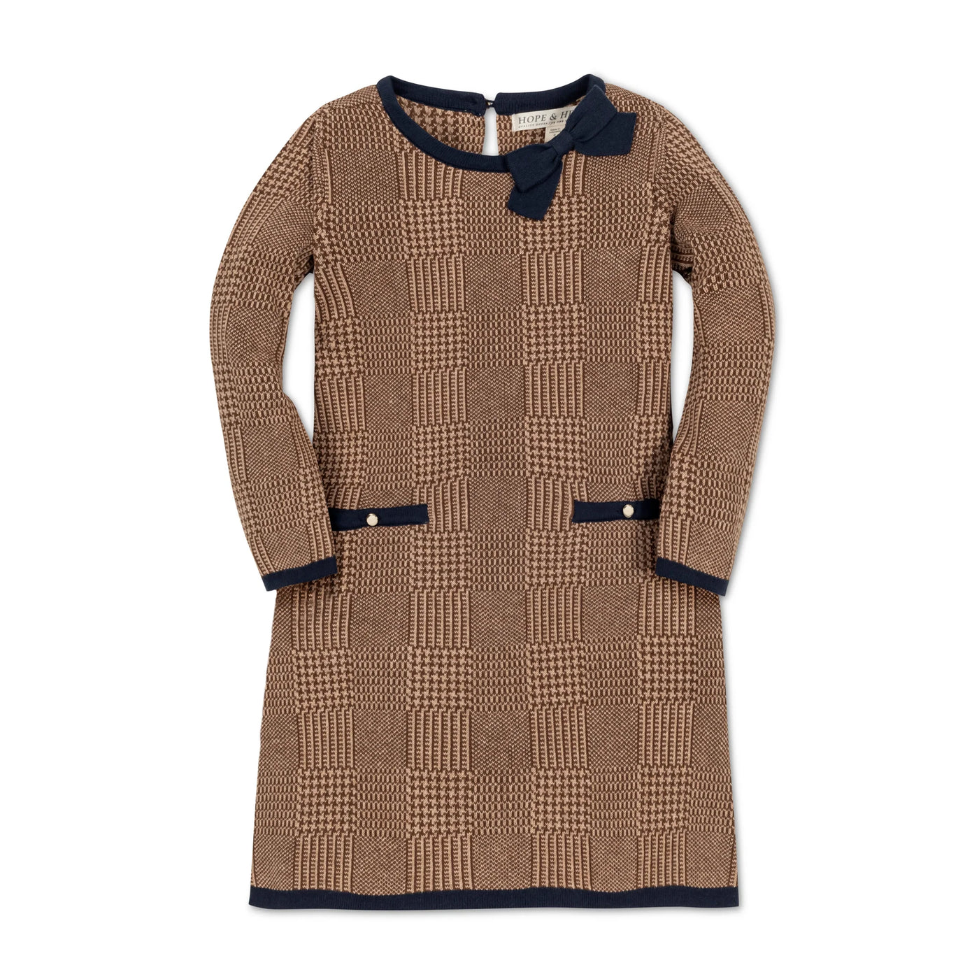 Brown Glen Plaid Intarsia Organic Bow Sweater Dress