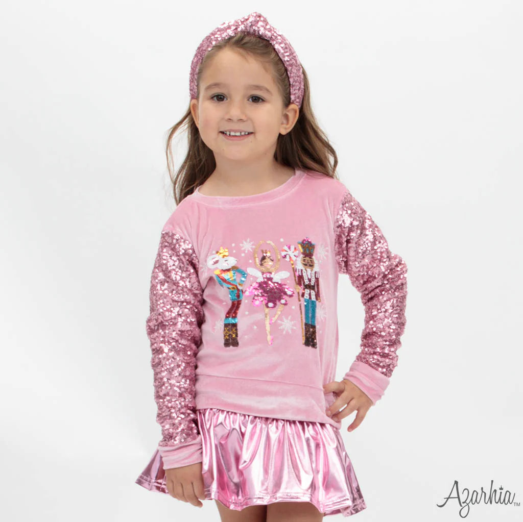 Nutcracker Sequin Sleeve on Pink Velvet Sweatshirt