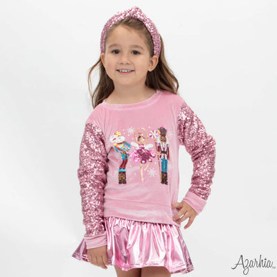 Nutcracker Sequin Sleeve on Pink Velvet Sweatshirt
