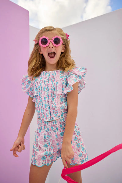 Shirred Scallop Shorts - Marguerite Floral Pink