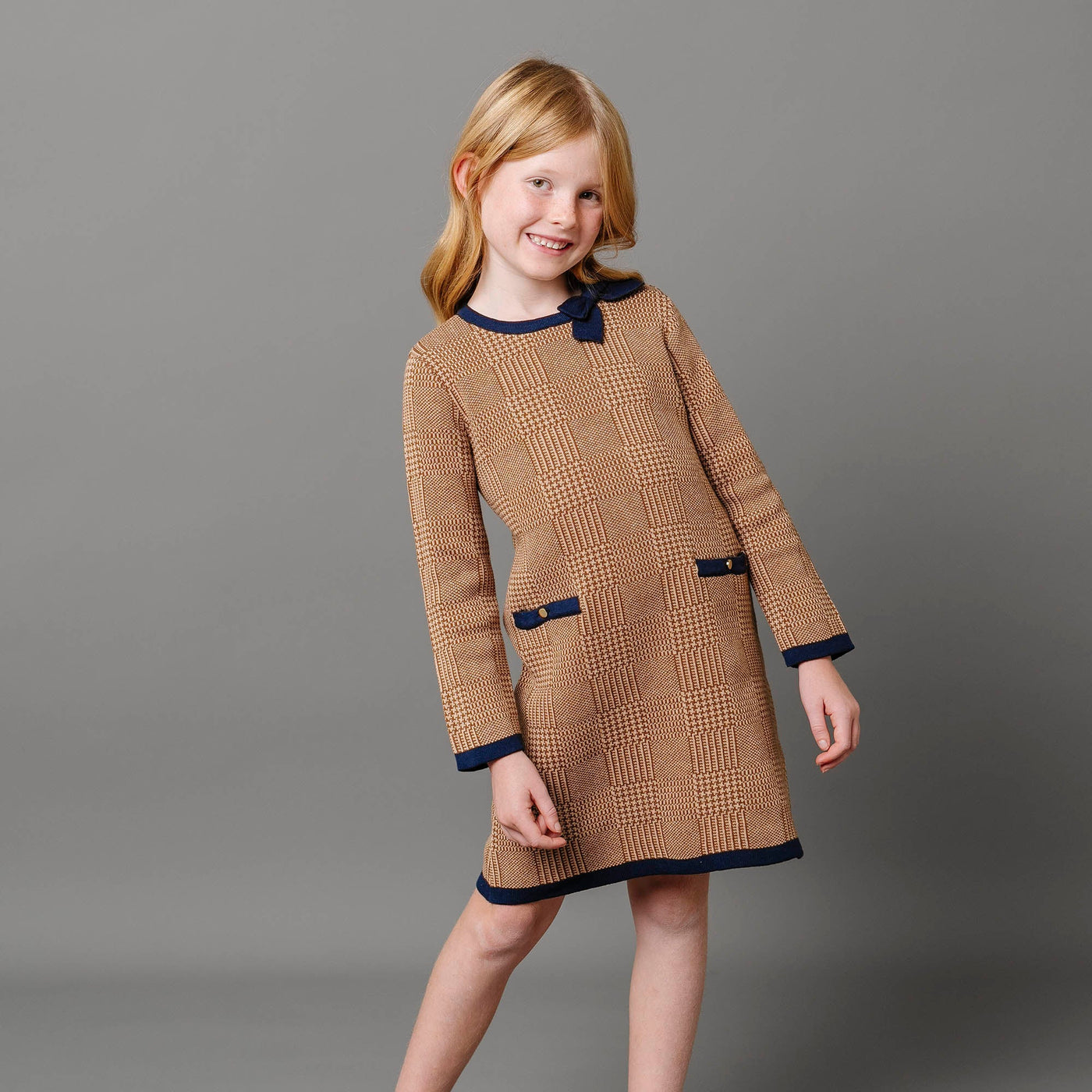 Brown Glen Plaid Intarsia Organic Bow Sweater Dress