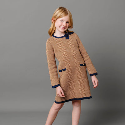 Brown Glen Plaid Intarsia Organic Bow Sweater Dress