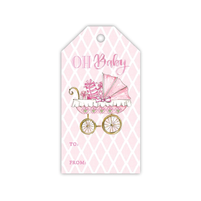 Handpainted Pink Baby Carriage Gift Tag