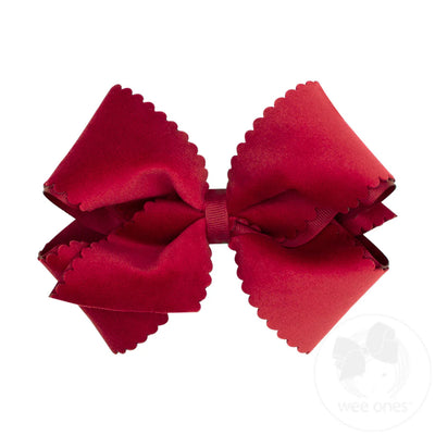 Small King Grosgrain Hair Bow with Scalloped Edge Faux Velvet Overlay (4 color options)