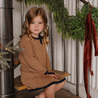 Brown Glen Plaid Intarsia Organic Bow Sweater Dress