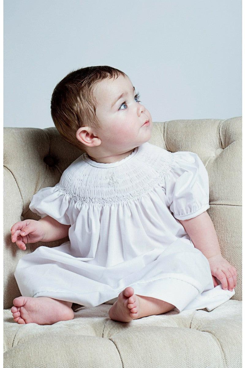 Hand Smocked Christening Pearl Cross Girl Bishop Dress with Bonnet