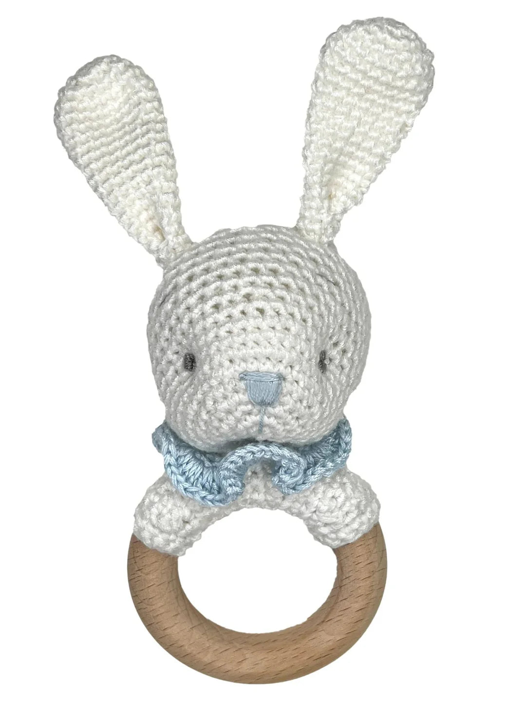 Bunny Bamboo Crochet Wood Ring Rattle in Blue