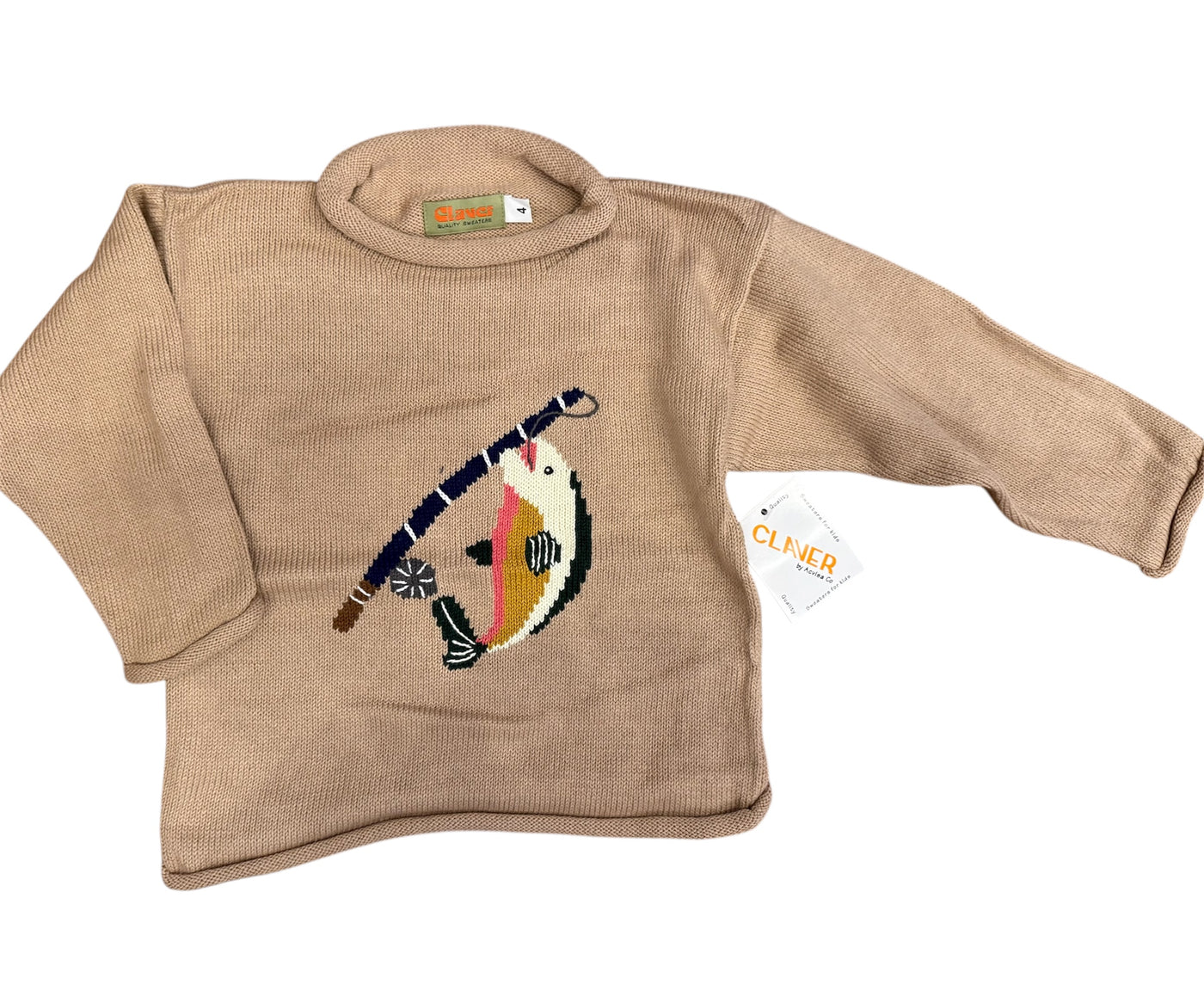 Fishing Pole with Trout Rollneck Sweater- Sand